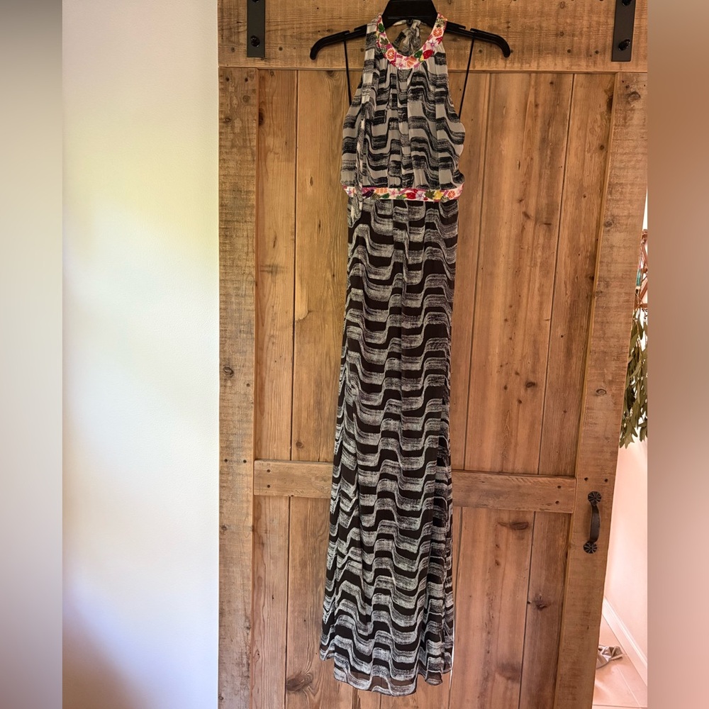 Black and White Striped Special Occasion Halter Maxi Dress with Floral Beadwork